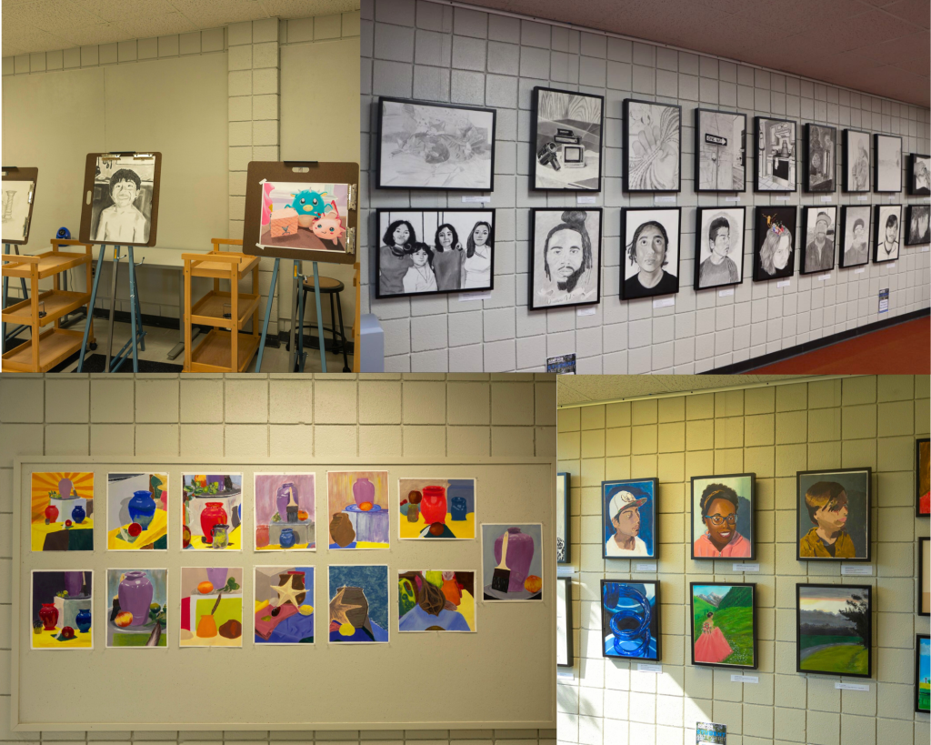 Some of the student work currently being shown in SCC’s LRC. (Photo credits, Brett Feight & Daniel Ko: Kotography)