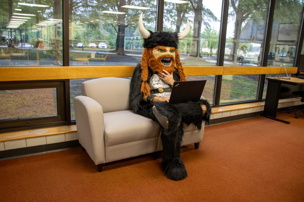 Viking mascot in the LRC on a laptop.