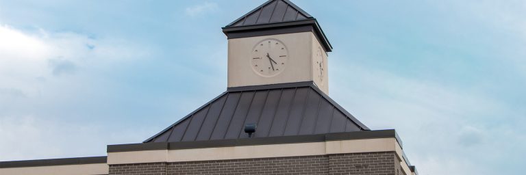 Low shot of the SCC clock tower.