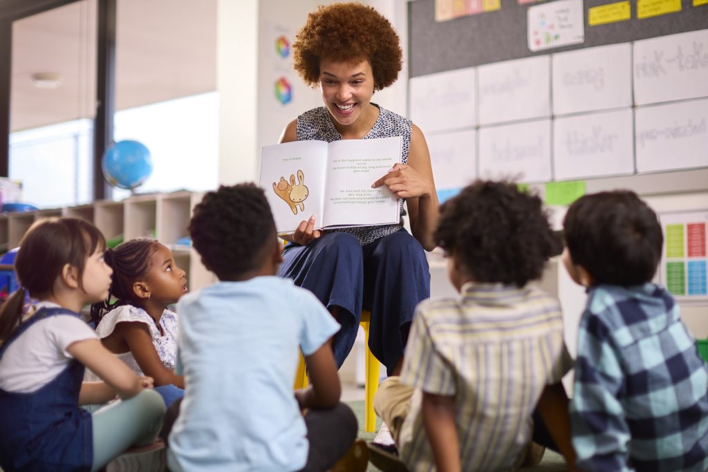 Teacher Reads To Elementary School Pupils Sitting On Floor In Class At School